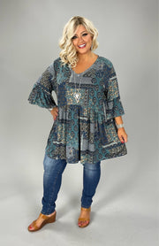 71 PSS {Sweet Wonder} Blue Patchwork Babydoll V-Neck EXTENDED PLUS SIZE 3X 4X 5X Top