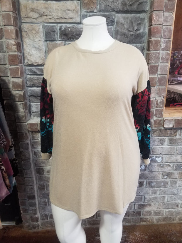 SALE!! CP-O {My Best Mood} Tan Teal Red Print Sleeve Knit Top PLUS SIZE XL 2X 3X