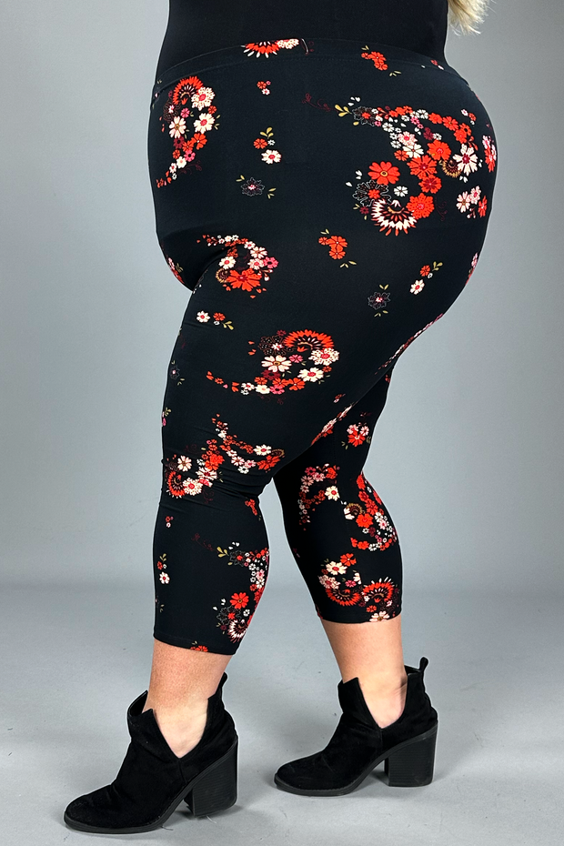 LEG-44 {Seeing Red} Red Floral Printed Butter Soft Capri Leggings