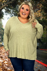 SALE!! 1-91 SLS-Z {See You There} Dusty Olive Ribbed V-Neck Top PLUS SIZE 1X 2X 3X