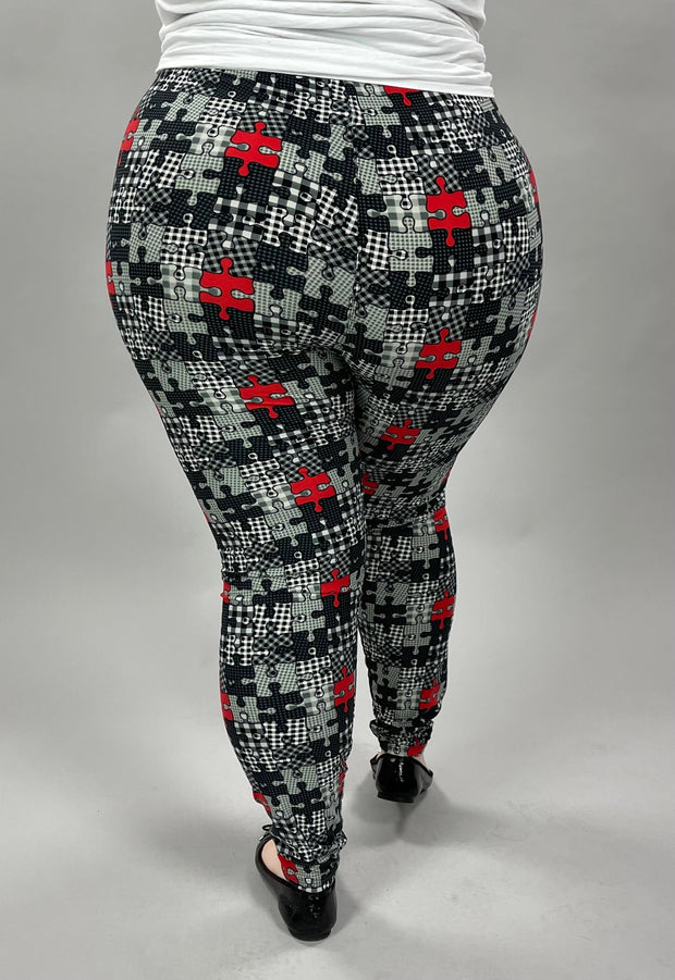 LEG-34 {Puzzled} Gray/Red Puzzle Print Leggings EXTENDED PLUS SIZE