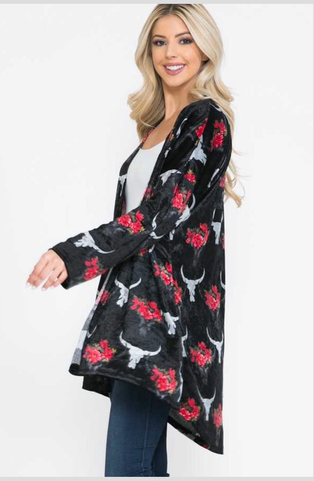 45 OT-B {Make U Miss Me} Black Velvet Cardigan W Floral Longhorn Plus Size 1X 2X 3X