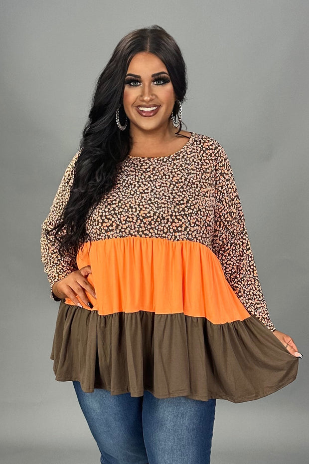 01-  16 CP {Candy Corn} Brown/Orange Print Tiered Top PLUS SIZE 1X 2X 3X