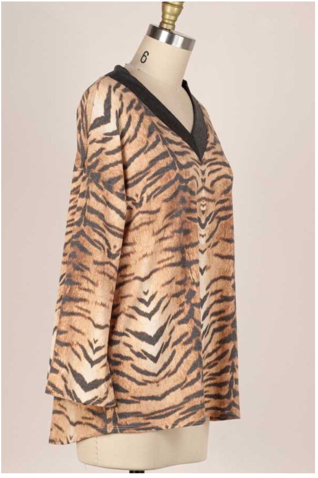 1- 25 PLS-D {Wildly Cute} Tan Tiger Print Top PLUS SIZE XL 2X 3X