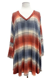 11 PQ {Something To Say} Coral/Grey Plaid V-Neck Top PLUS SIZE XL 2X 3X