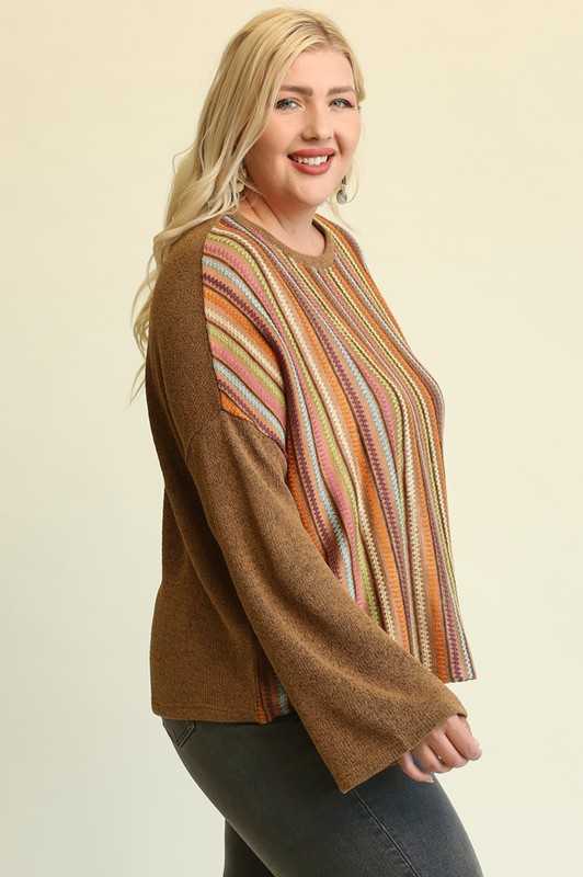 SALE!! 13 PLS {More Than Extra} Brown Sweater Top w/Stripes PLUS SIZE XL 1X 2X