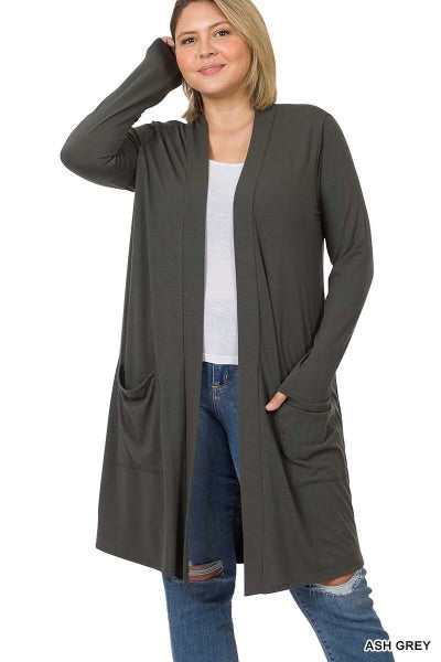 56 OT-A {Keeping Cozy} Ash Grey Cardigan with Front Pockets PLUS SIZE 1X 2X 3X