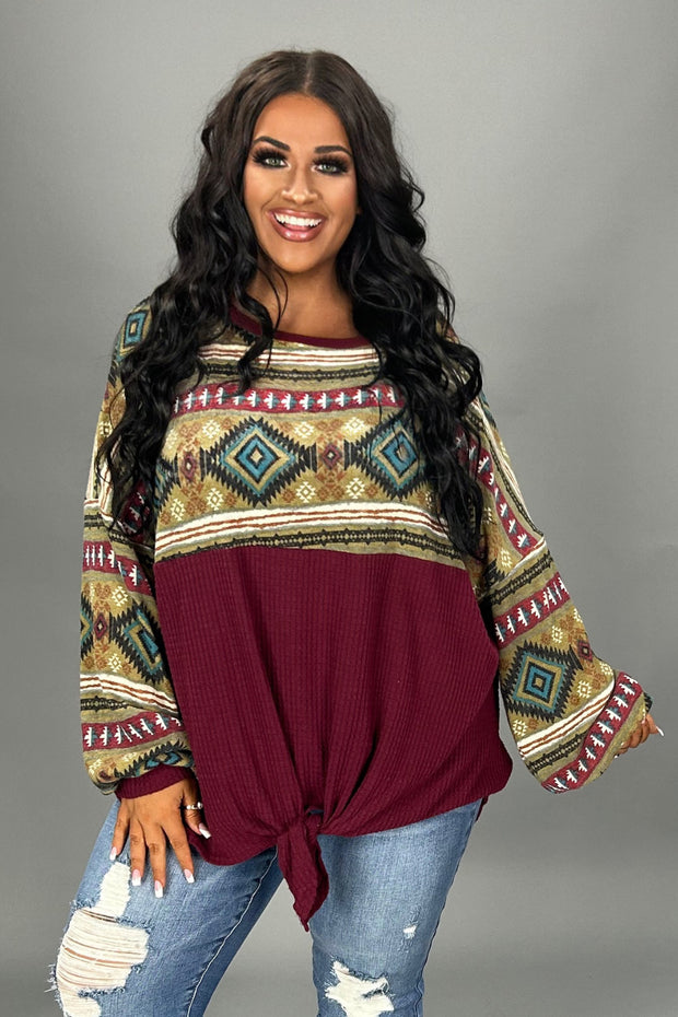 SALE! 25 CP {The Desert Calls} Burgundy Tribal Print Front Tie Top PLUS SIZE XL 2X 3X