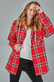 11 OT-A {Follow Behind} Red Plaid Button Up Shacket W/Hood PLUS SIZE 1X 2X 3X