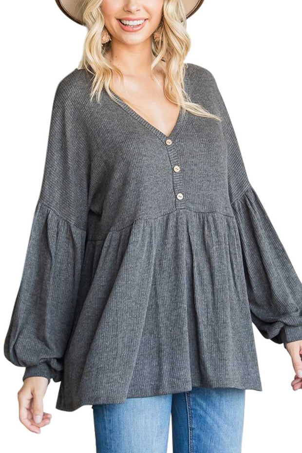 36 SLS-G {Talk Of The Town} Charcoal Babydoll Ribbed Top PLUS SIZE 1X 2X 3X