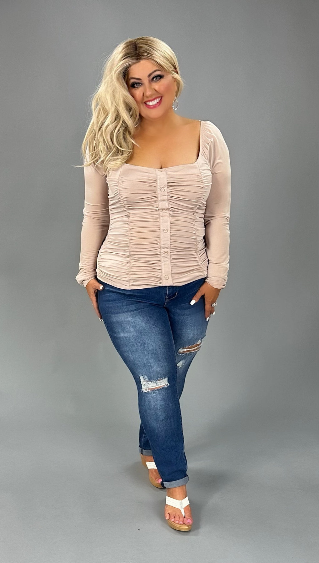 45 SLS-A {So Much Fun} Taupe Ruched Square Neck Top PLUS SIZE XL 2X 3X –  Curvy Boutique Plus Size Clothing