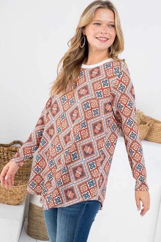 1-26 PLS {Favorite Day} Rust/Navy Print Long Sleeve Top PLUS SIZE XL 2X 3X