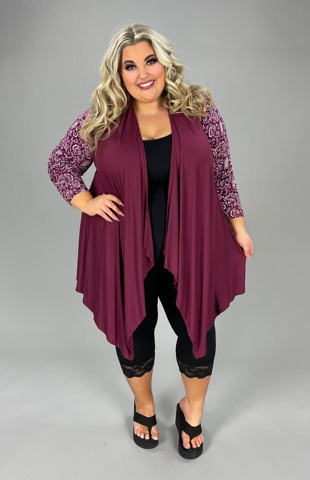 63 OT-C {Floral Motif} Burgundy Cardigan W/Floral Sleeve PLUS SIZE 1X 2X 3X