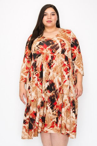 SALE!! 21 PQ {Stealing The Attention} Taupe/Rust Print Tiered Dress  PLUS SIZE XL 2X 3X 4X 5X