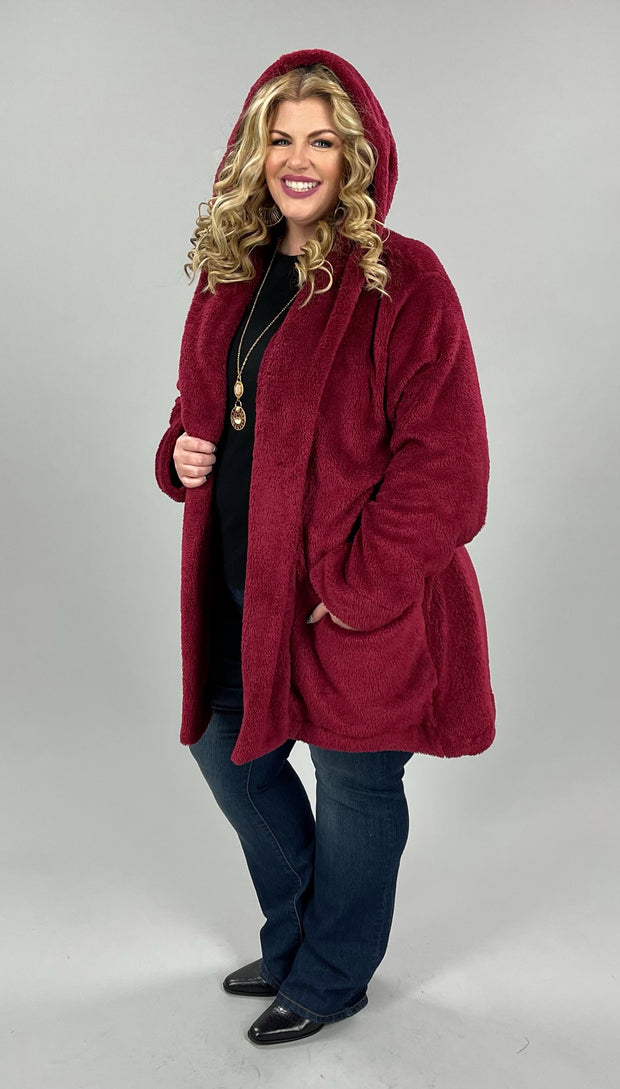 SALE!! 35 OT-E {Cozy Vibes} Burgundy Plush Cardigan W/Hood PLUS SIZE 1X 2X 3X