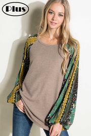 30 CP {Fall Mixer} Taupe Waffle Knit Top w/Floral Sleeves PLUS SIZE 1X 2X 3X