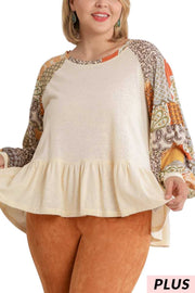 SALE!! 32 CP {Back To Work} Cream Top w/ Fall Mixed Print Sleeve PLUS SIZE XL 1X 2X