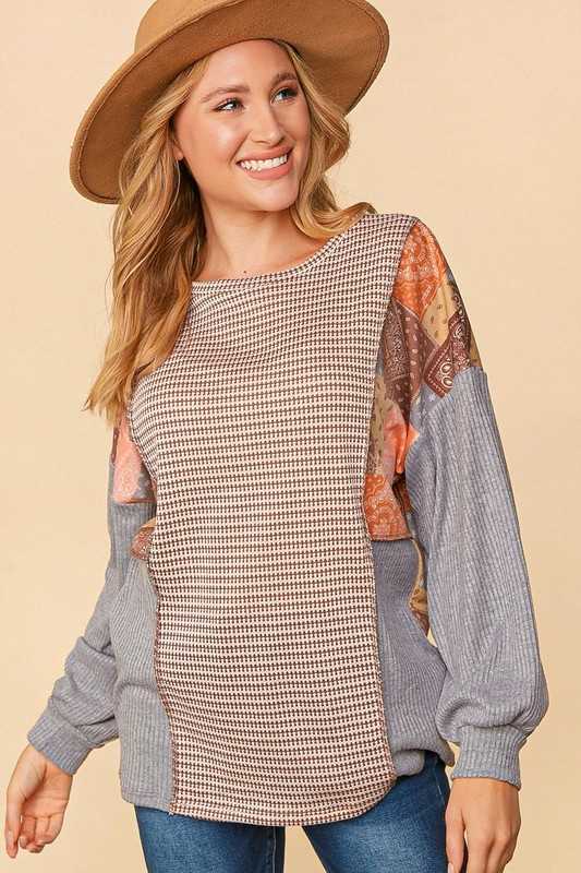 SALE!! 12 CP {Never Give Up} Mauve Print Patchwork Grey Sleeve Top PLUS SIZE XL 2X 3X