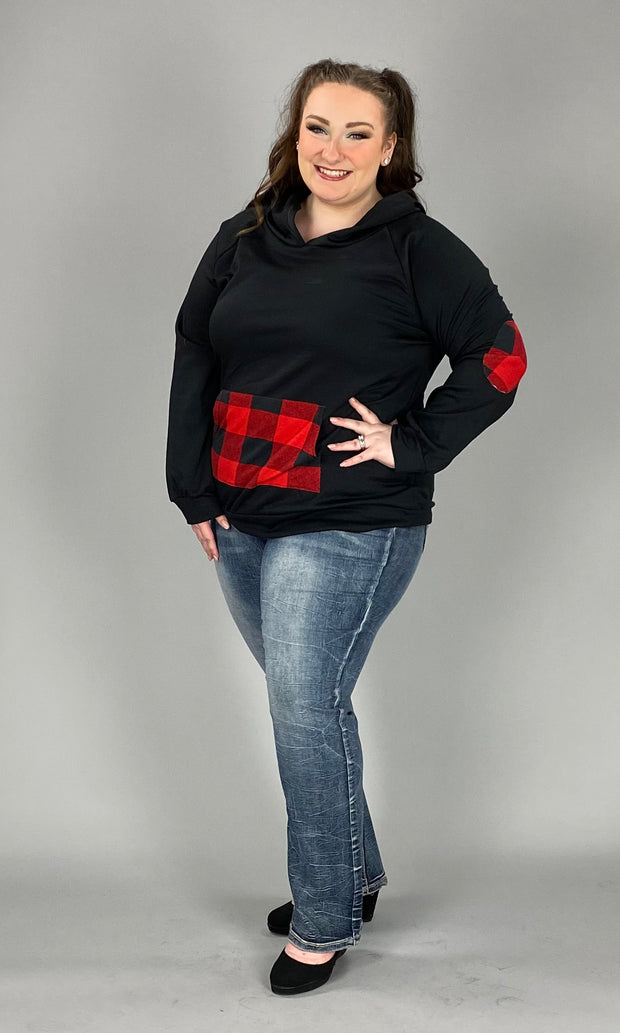 SALE! 37 HD-B {Feelings For You} Black Red Plaid Detail Hoodie  PLUS SIZE XL 2X 3X