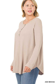 25 SLS {Take Your Turn} Ash Mocha Long Sleeve Top w/Buttons PLUS SIZE 1X 2X 3X