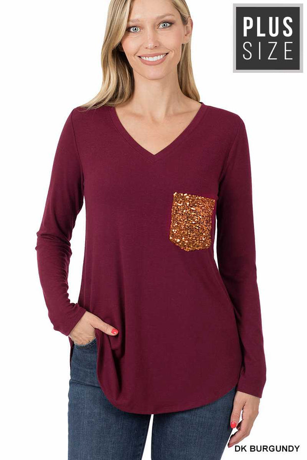 56 SD-C {Stunning Vision} Burgundy Sequin Pocket Top PLUS SIZE 1X 2X 3X