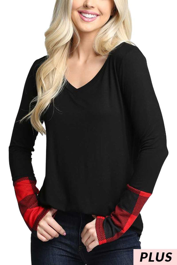 66 CP-A {Something Good} Black V-Neck Top w/Red Plaid Sleeve PLUS SIZE 1X 2X 3X