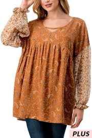 SALE!! 28 CP {Girl On The Go} Camel Paisley Print Top w/Floral Sleeves PLUS SIZE 1X 2X 3X