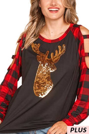 SALE!! 56 GT-A {Be A Dear} Red/Black Plaid Top W/Gold Deer PLUS SIZE 1X 2X 3X