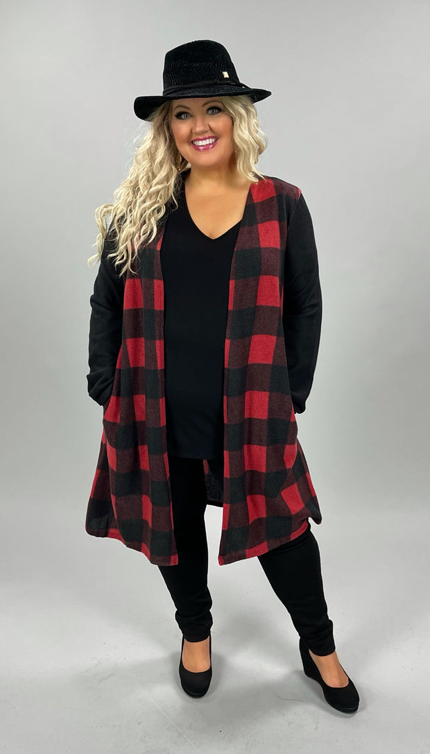 35 OT-B {Keep Me Honest} Red/Black Plaid Long Cardigan Plus Size 1X 2X 3X