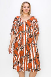 1-92 PSS-S {Romance Ready} Rust Print V-Neck Dress EXTENDED PLUS SIZE 3X 4X 5X