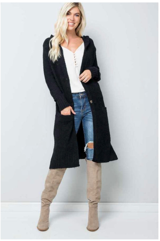 35 OT-H {Winter Views} Black Long Cardigan W/Hood PLUS SIZE 1X 2X 3X