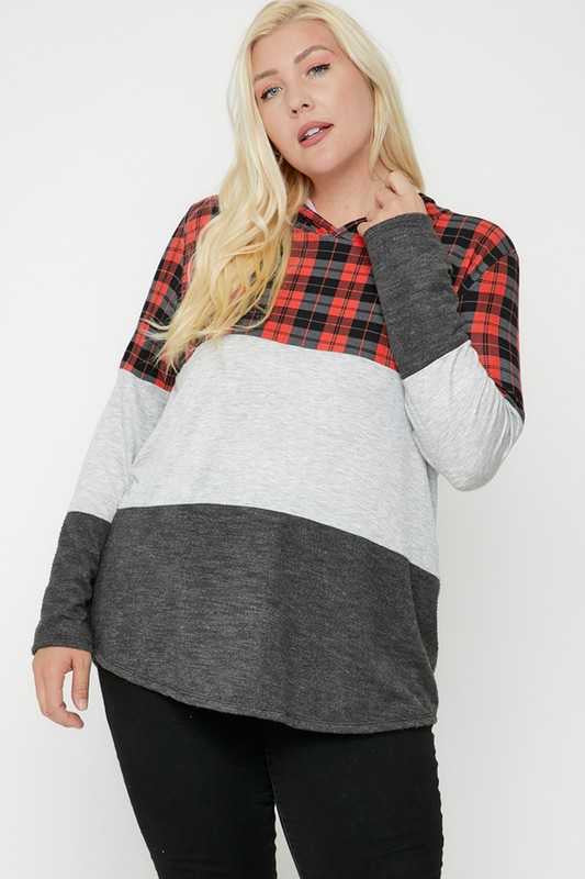 SALE! 23 HD-F {In Perfect Order} Red Plaid Grey Hoodie PLUS SIZE XL 2X 3X