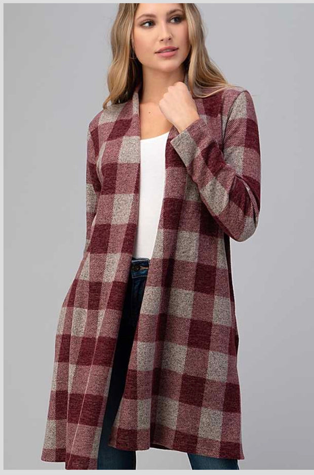 26 OT-D {Rush Hour Baby} Burgundy Plaid Cardigan W/Pockets PLUS SIZE 1X 2X 3X