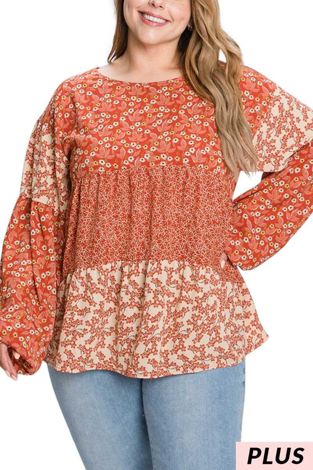 SALE!! 1-19 CP {Flirty Fiesta} Rust Floral Tiered Top PLUS SIZE 1X 2X 3X