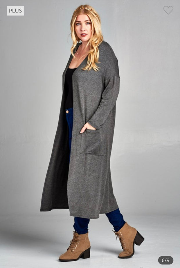 LD-Q {Class And Charm} Charcoal Long Duster w/Pockets PLUS SIZE XL