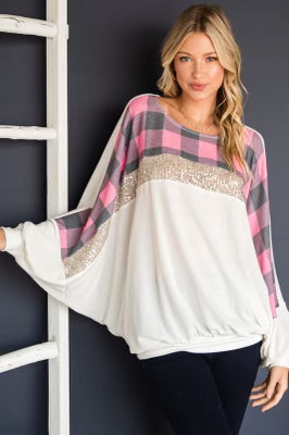 1-60 CP-A {That Dazzling Glow} Ivory/Pink Plaid Top PLUS SIZE 1X 2X 3X