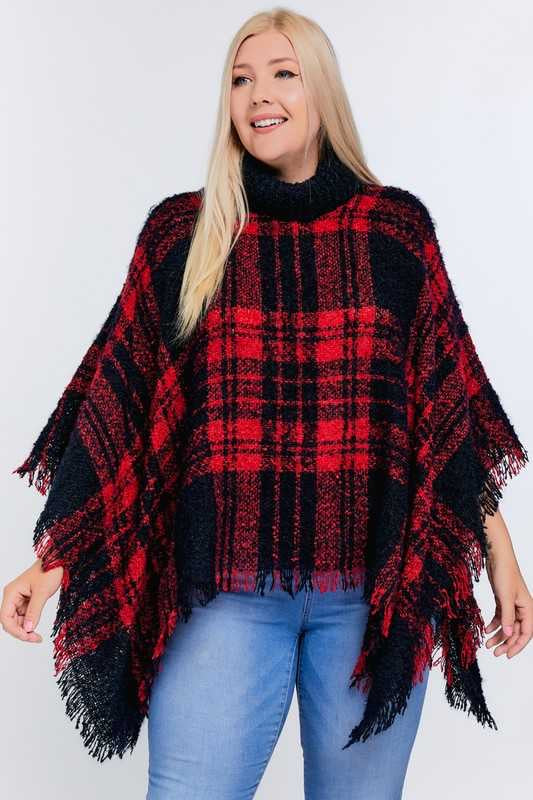 SALE!! OT-A {Secret Obsession} Red Navy Plaid Knit Poncho PLUS SIZE