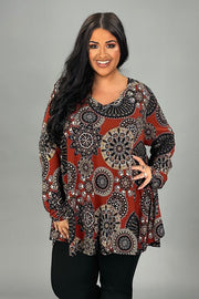 1-25 PLS {Cutest Catch} Rust Mandala Print V-Neck Top PLUS SIZE XL 2X 3X