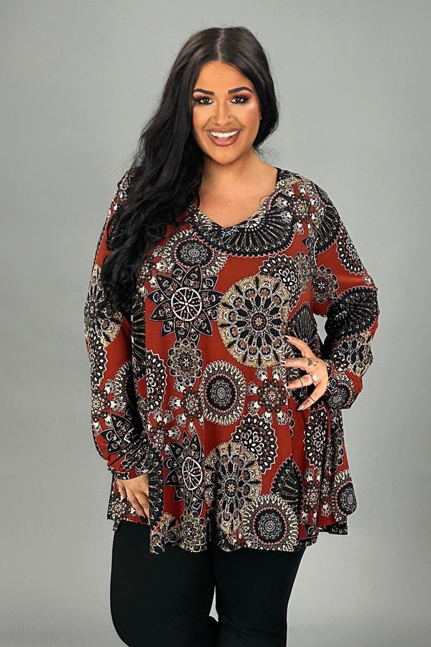 1-25 PLS {Cutest Catch} Rust Mandala Print V-Neck Top PLUS SIZE XL 2X 3X