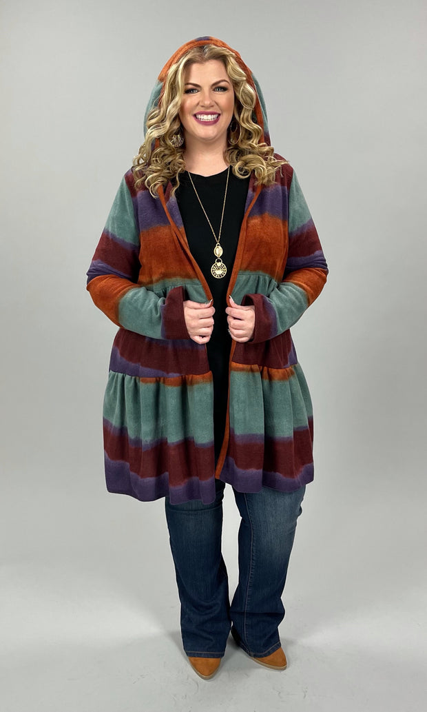 1-37 OT-E {Positive Steps} Rust Multi-Color Stripe Cardigan  W/Hood PLUS SIZE 1X 2X 3X