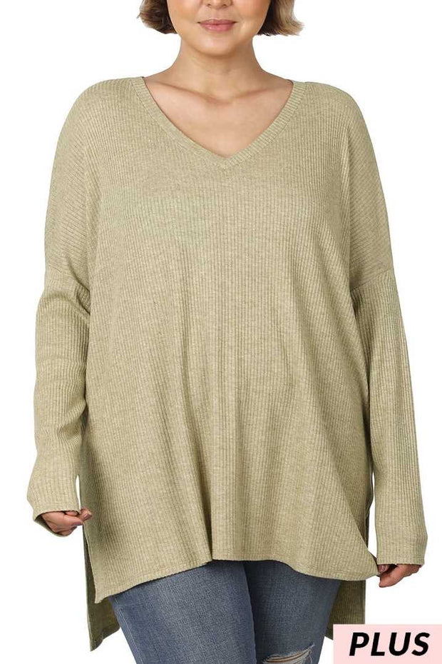 SALE!! 1-91 SLS-Z {See You There} Dusty Olive Ribbed V-Neck Top PLUS SIZE 1X 2X 3X