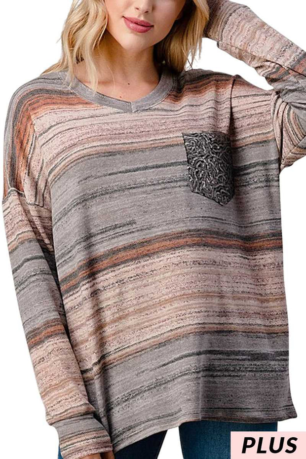 1-24 CP {Trouble For You} Grey/Rust Stripe Print w/Metallic Pocket PLUS SIZE 1X 2X 3X