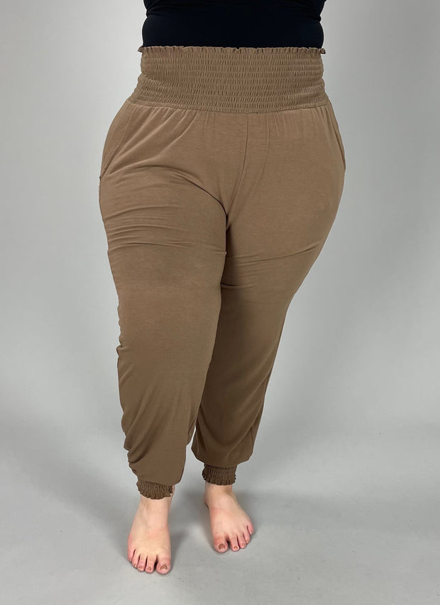 LEG-41 {Going Anywhere} Mocha Smocked Cuff Jogging Pants PLUS SIZE 1X 2X 3X