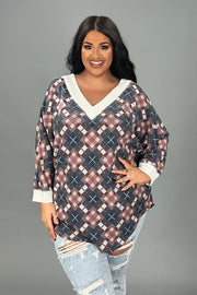 SALE!! 16 CP {X Marks The Top} Burgundy/Blue Check Print Top PLUS SIZE XL 2X 3X