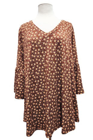 1-24 PQ {Blooming Out} Brown/Orange Daisy Print Top EXTENDED PLUS SIZE XL 2X 3X 4X 5X