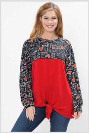 SALE!! 45-GT-G {Written Love Letters } Red Black Top  w/ Script & Tie Front  PLUS SIZE 1X 2X 3X