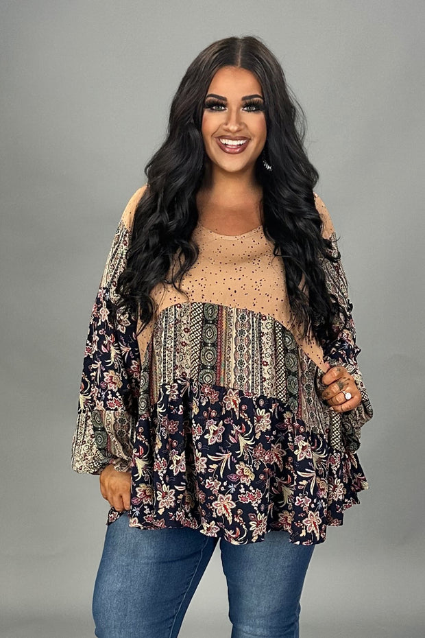 28 CP {Mixed Signals} Mocha/Navy Floral Dalmation Print Top PLUS SIZE 1X 2X 3X