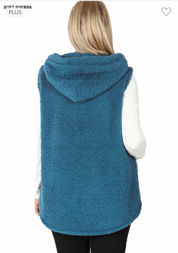 39 OT-X {Looking For Fun} Teal Sherpa Hooded Vest PLUS SIZE 1X 2X 3X