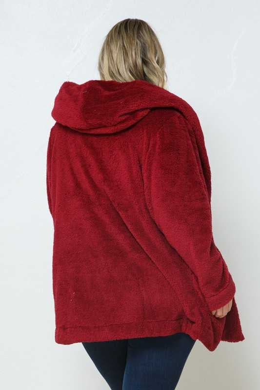 SALE!! 35 OT-E {Cozy Vibes} Burgundy Plush Cardigan W/Hood PLUS SIZE 1X 2X 3X