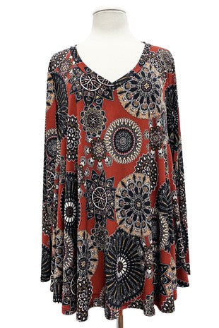 1-25 PLS {Cutest Catch} Rust Mandala Print V-Neck Top PLUS SIZE XL 2X 3X